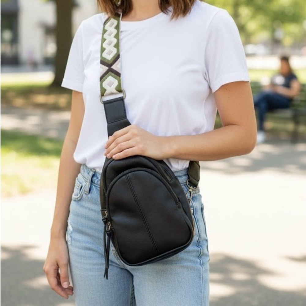 Black Leather Crossbody Bag with Patterned Strap